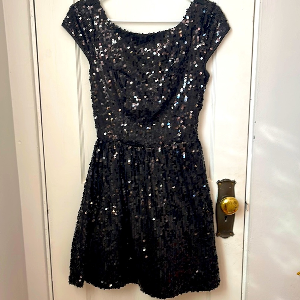 Black Sequin Mini Dress Short Sleeve 7/8 Womens Juniors